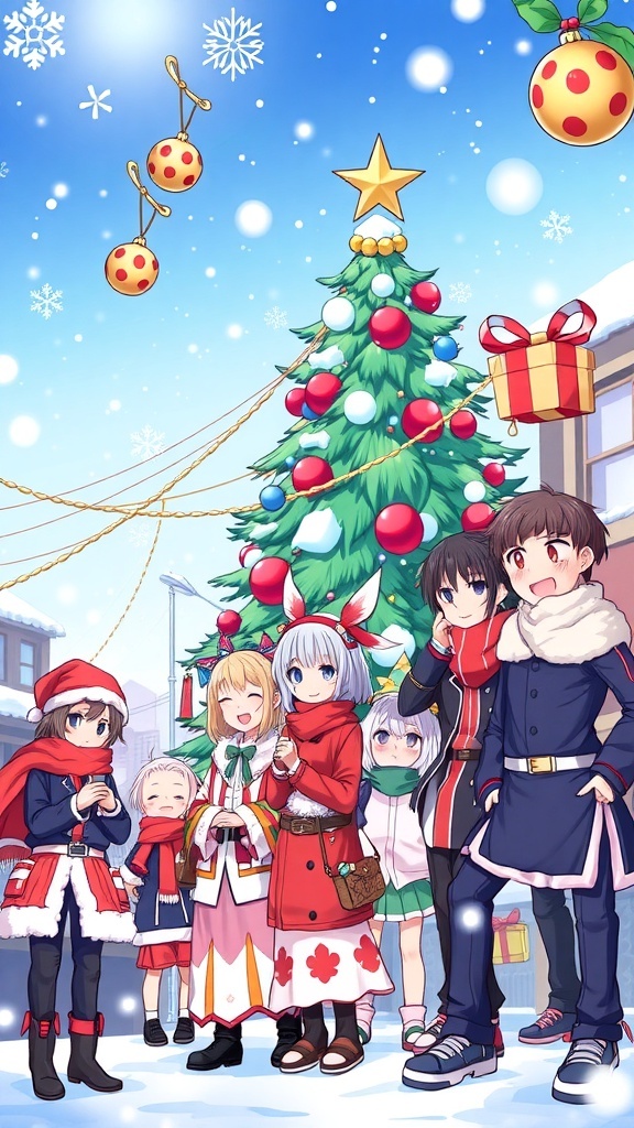 Christmas-themed background with Jujutsu Kaisen characters in a winter setting with snowflakes and a Christmas tree.